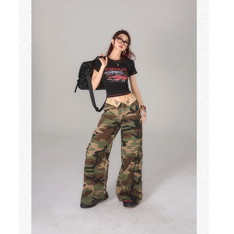 Y2K Streetwear Chic Green Camouflage High Waist Wide Leg Jeans for Women