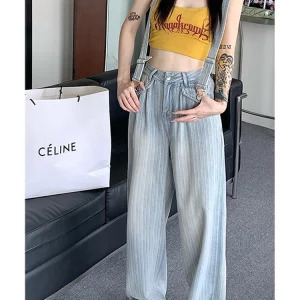 Y2K Streetwear Denim Overalls: Baggy Straight Jeans with Braces for Women