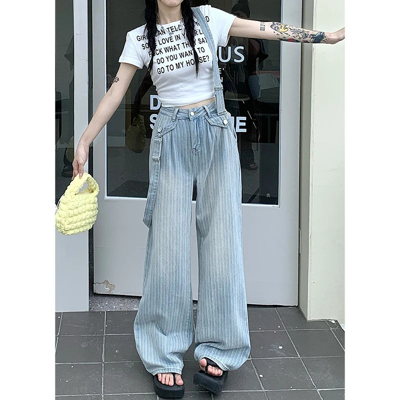 Y2K Streetwear Denim Overalls: Baggy Straight Jeans with Braces for Women