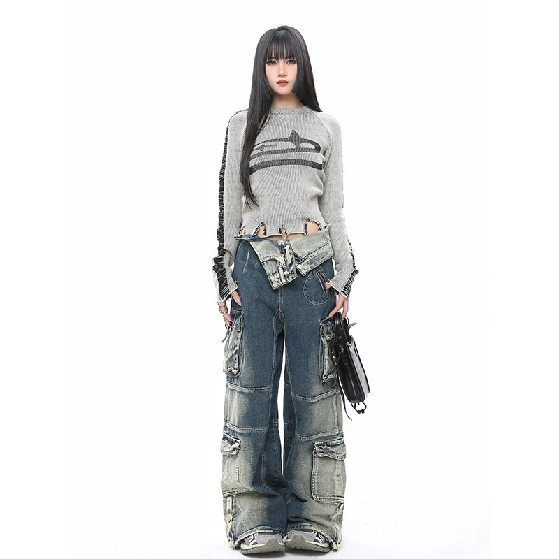 Y2K Streetwear Fashion: Blue High Waist Wide Leg Denim Pants