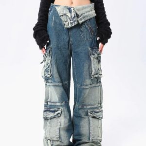 Y2K Streetwear Fashion: Blue High Waist Wide Leg Denim Pants