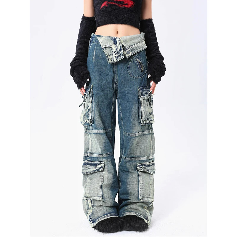 Y2K Streetwear Fashion: Blue High Waist Wide Leg Denim Pants