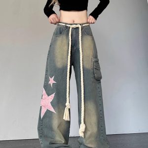 Y2K Streetwear Fashion Blue Jeans Women's High Waist Wide Leg Denim Pants