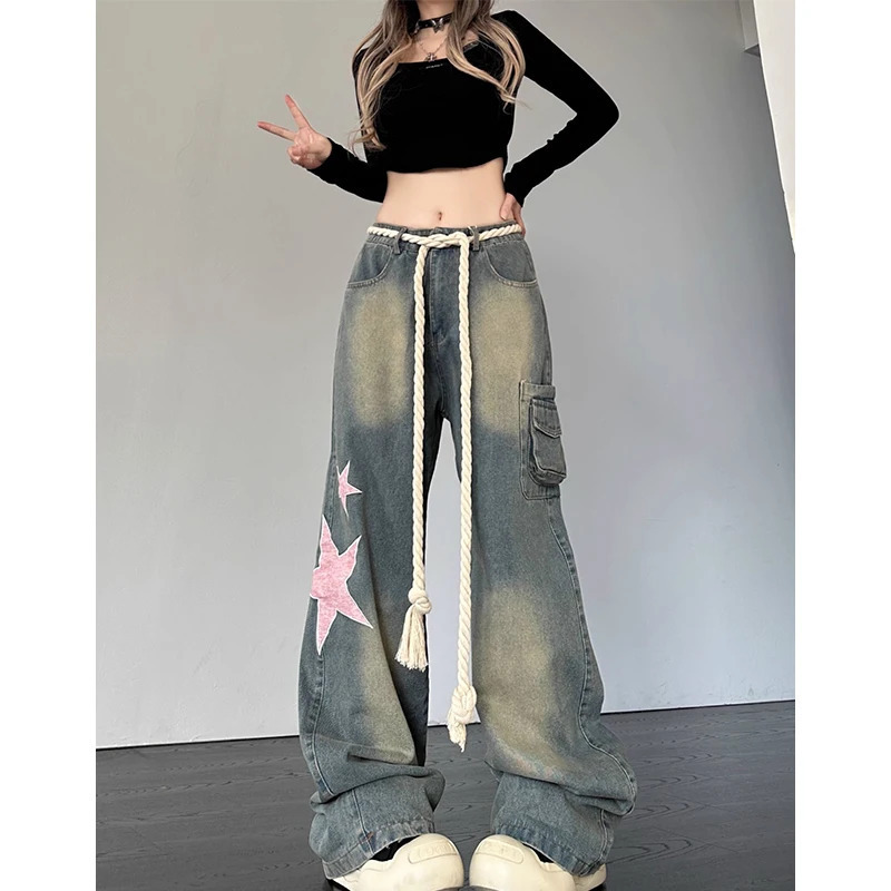 Y2K Streetwear Fashion Blue Jeans Women's High Waist Wide Leg Denim Pants