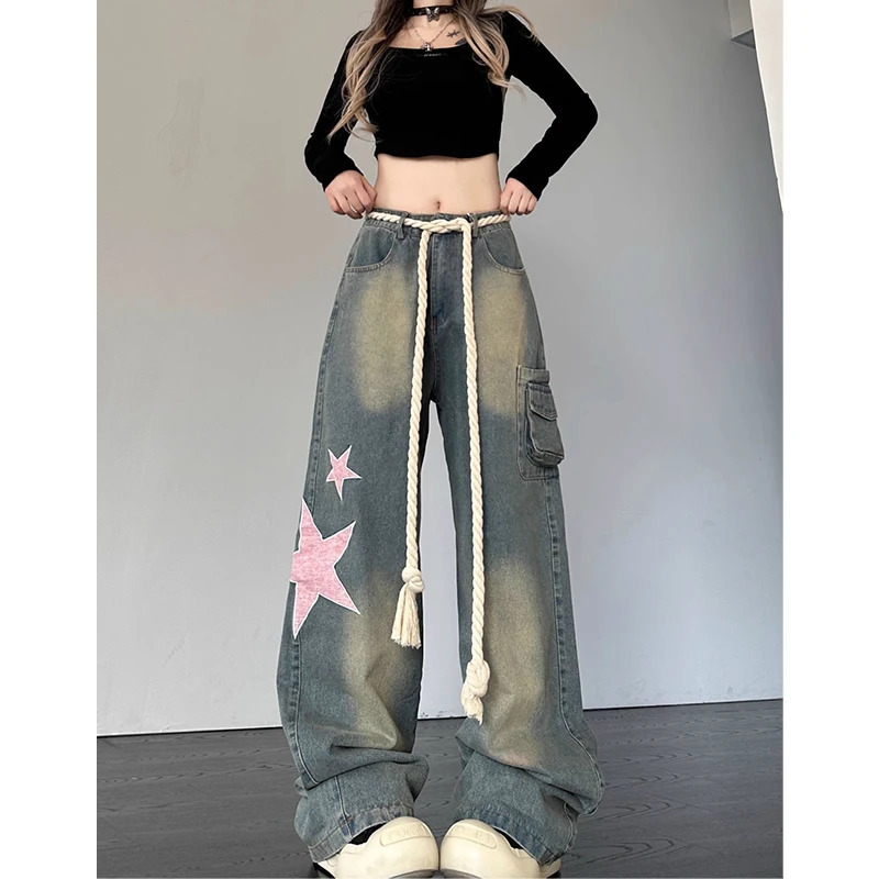 Y2K Streetwear Fashion Blue Jeans Women's High Waist Wide Leg Denim Pants