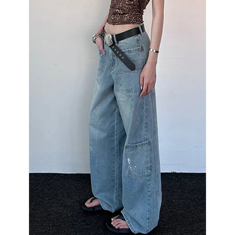 Y2K Streetwear High Waist Light Blue Straight Jeans for Women - Wide Leg Denim Pants