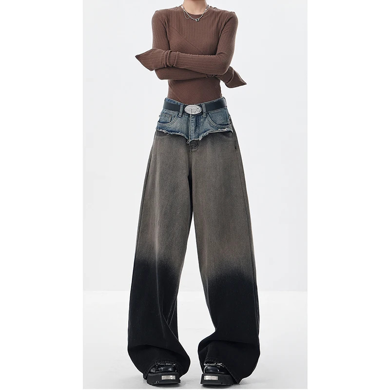 Y2K Streetwear High Waist Patchwork Jeans - American Fashion Women's Baggy Wide Leg Denim Trouser