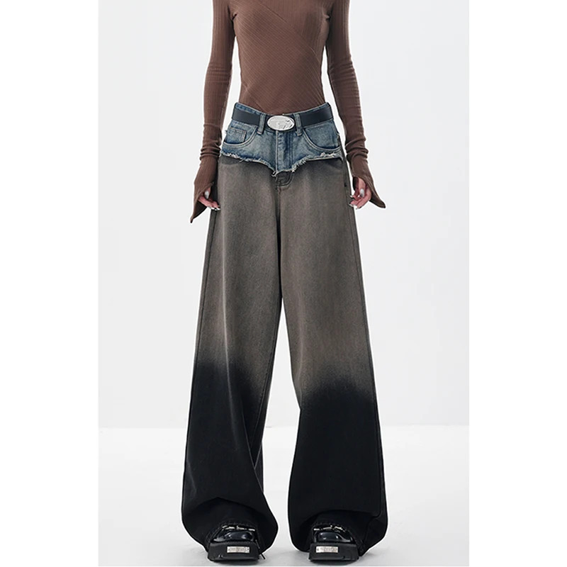 Y2K Streetwear High Waist Patchwork Jeans - American Fashion Women's Baggy Wide Leg Denim Trouser