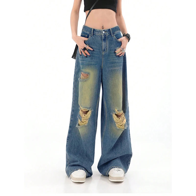 Y2K Streetwear High Waist Wide Leg Blue Jeans for Women - American Fashion Retro Style Denim Pants