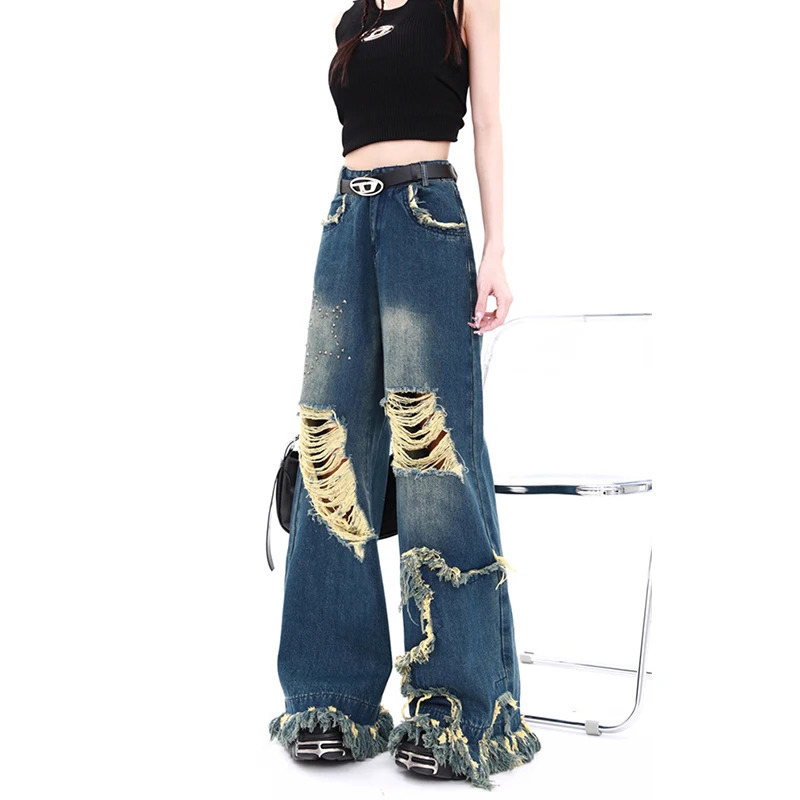 Y2K Streetwear High Waist Wide Leg Blue Jeans for Women - American Fashion Retro Style Denim Pants