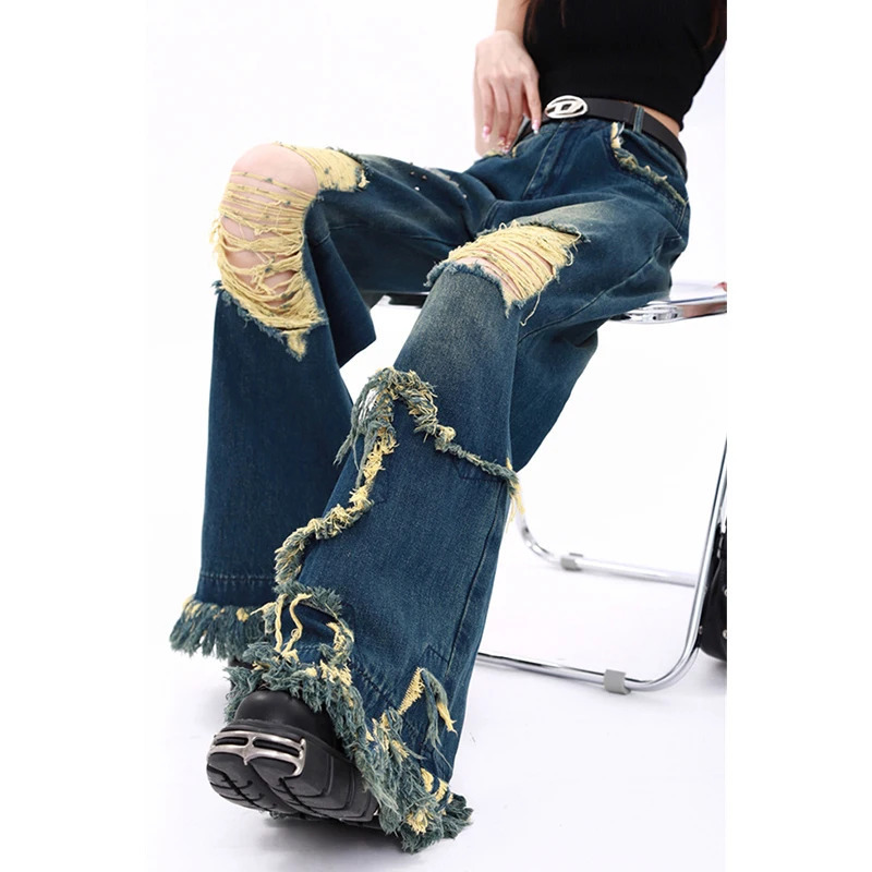 Y2K Streetwear High Waist Wide Leg Blue Jeans for Women - American Fashion Retro Style Denim Pants