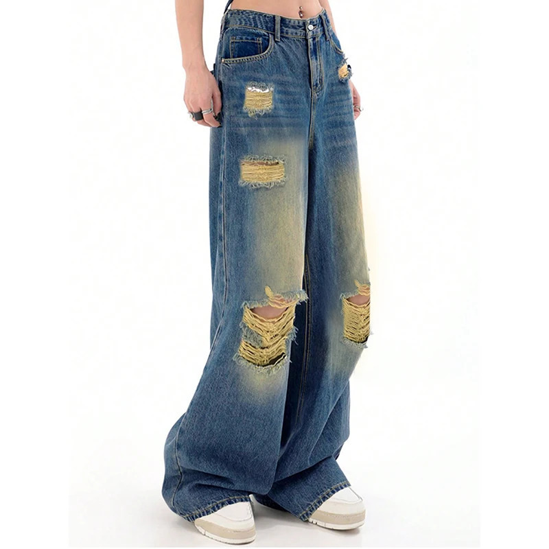 Y2K Streetwear High Waist Wide Leg Blue Jeans for Women - American Fashion Retro Style Denim Pants