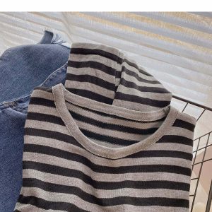 Y2K Striped Color Block T-Shirt - Retro 90s Grunge, Summer Y2K Outfits, Baby