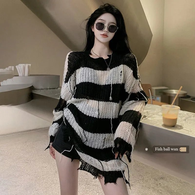 Y2K Striped Cutout Sweater - Retro 90s Grunge, Summer Y2K Outfits, Past