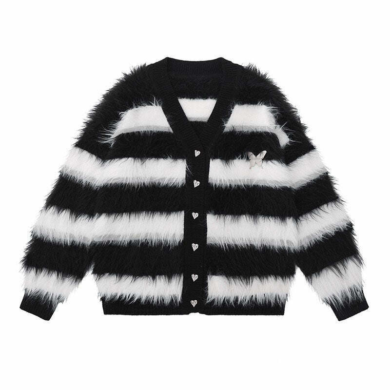 Y2K Striped Fuzzy Butterfly Cardigan - Retro 90s Grunge, Summer Y2K Outfits,