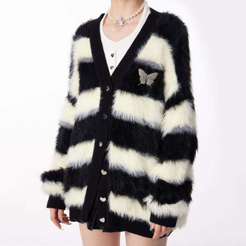 Y2K Striped Fuzzy Butterfly Cardigan - Retro 90s Grunge, Summer Y2K Outfits,