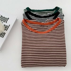 Y2K Striped Korean Summer T-Shirt - Retro 90s Fashion, Grunge, Pastel Goth, Y2