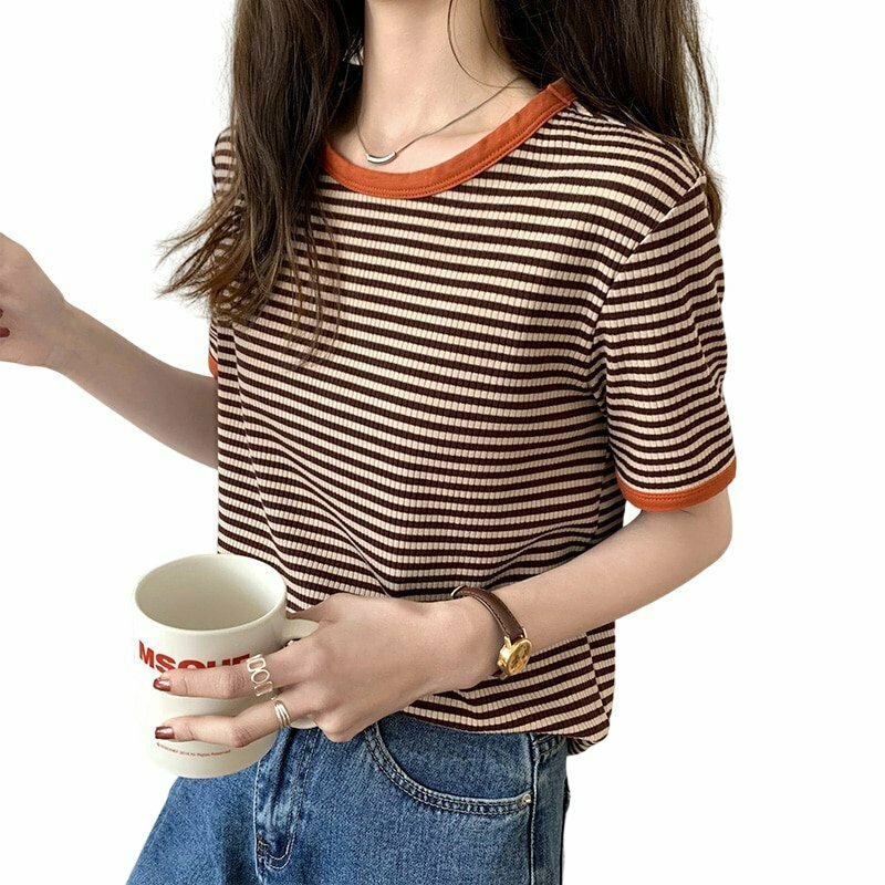 Y2K Striped Korean Summer T-Shirt - Retro 90s Fashion, Grunge, Pastel Goth, Y2