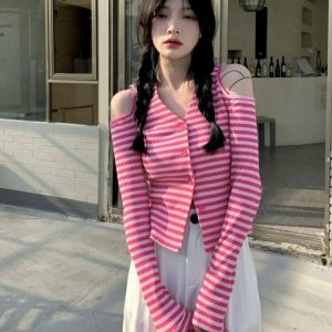 Y2K Striped Off-Shoulder Knitwear Cardigan - 90s Grunge, Retro Summer, Pastel