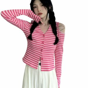 Y2K Striped Off-Shoulder Knitwear Cardigan - 90s Grunge, Retro Summer, Pastel