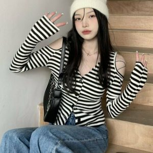 Y2K Striped Off-Shoulder Knitwear Cardigan - 90s Grunge, Retro Summer, Pastel