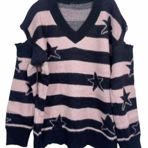 Y2K Striped Star Knit Pullover - Retro 90s Grunge, Summer Y2K Outfits, Past