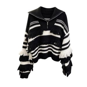 Y2K Striped Tassel Knit Pullover - Retro 90s Grunge Summer Outfit, Pastel Goth Fashion