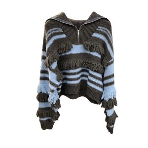 Y2K Striped Tassel Knit Pullover - Retro 90s Grunge Summer Outfit, Pastel Goth Fashion