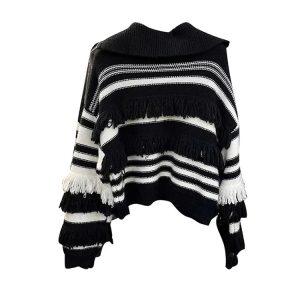 Y2K Striped Tassel Knit Pullover - Retro 90s Grunge Summer Outfit, Pastel Goth Fashion