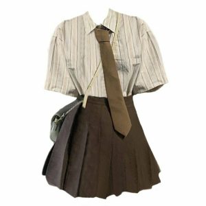 Y2K Striped Tie Lapel Shirt & A-Line Mini Skirt - 90s Grunge Summer Outfit, Retro