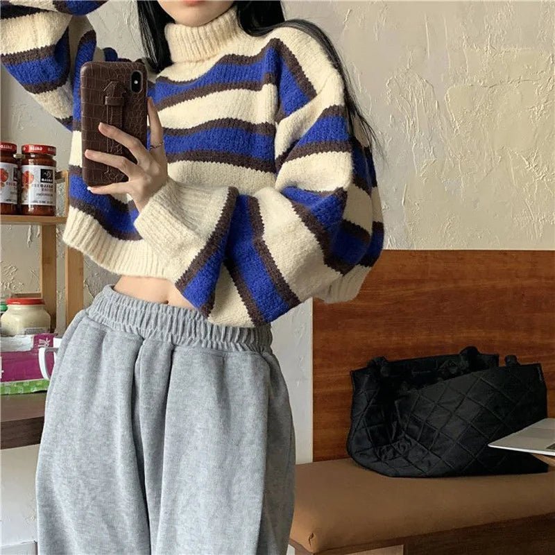 Y2K Striped Turtleneck Crop Sweater - Retro 90s Grunge, Summer Y2K Outfits