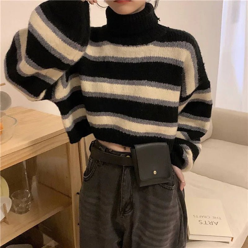 Y2K Striped Turtleneck Crop Sweater - Retro 90s Grunge, Summer Y2K Outfits