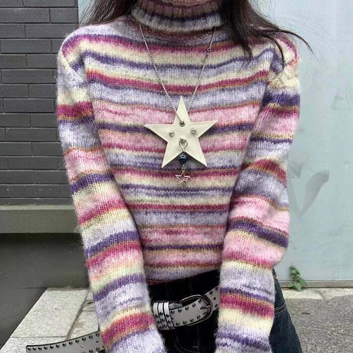 Y2K Striped Turtleneck Sweater - Retro 90s Fashion, Grunge, Summer Outfits, Y