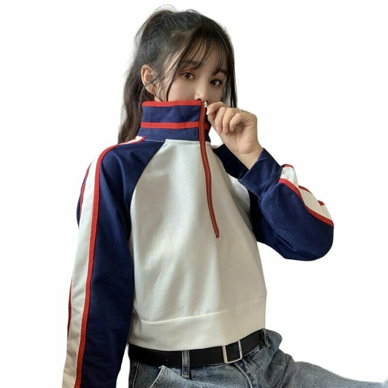 Y2K Striped Zipper Turtleneck Hoodie - 90s Grunge, Retro Summer, Pastel Goth,