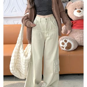 Y2K Style Apricot Cargo Pants - High Waist Streetwear Wide Leg Trousers