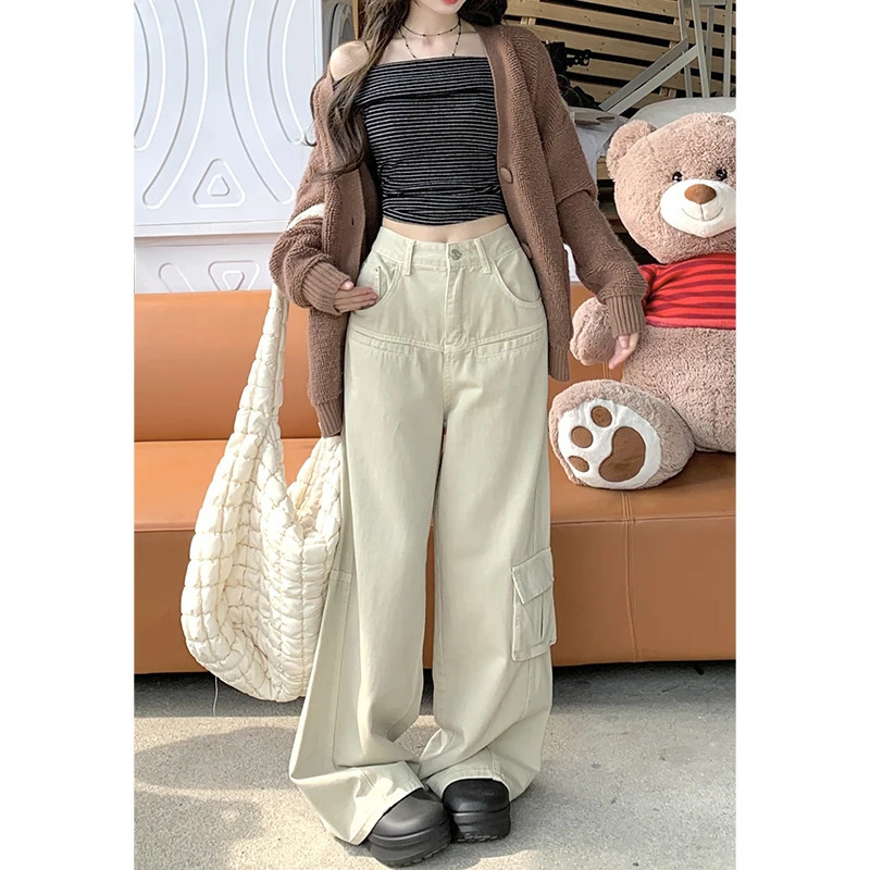 Y2K Style Apricot Cargo Pants - High Waist Streetwear Wide Leg Trousers