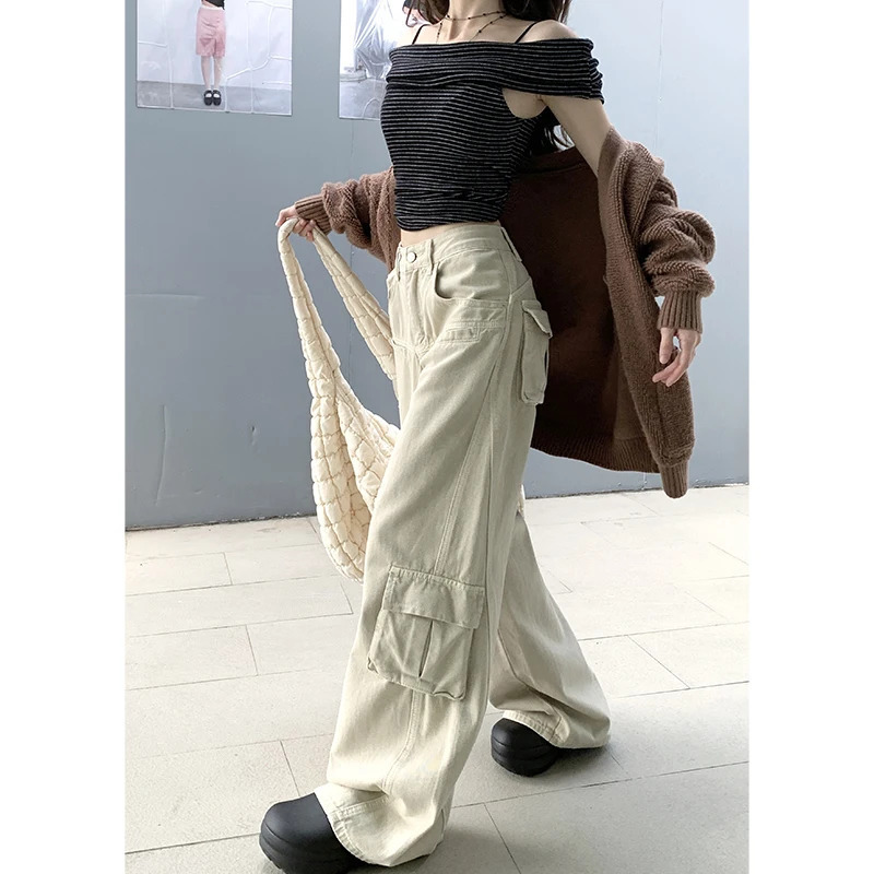 Y2K Style Apricot Cargo Pants - High Waist Streetwear Wide Leg Trousers