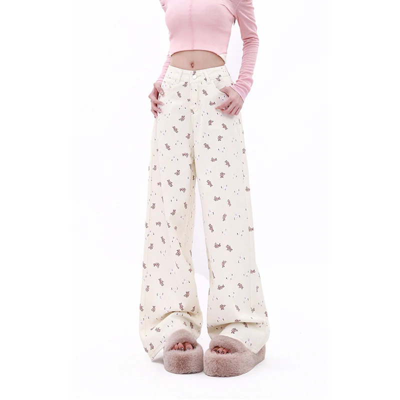 Y2K Style Beige Graffiti Jeans - High Waist American Wide Leg Pants for Women