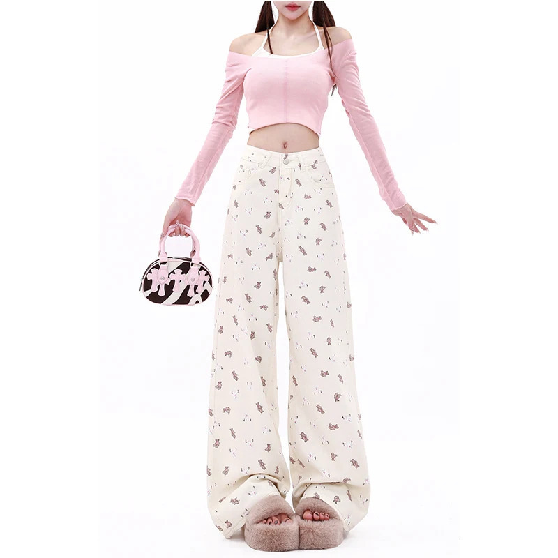 Y2K Style Beige Graffiti Jeans - High Waist American Wide Leg Pants for Women