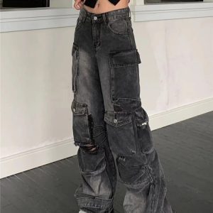 Y2K Style Black Denim Overalls: High-Waisted Wide-Leg Street Fashion Pants