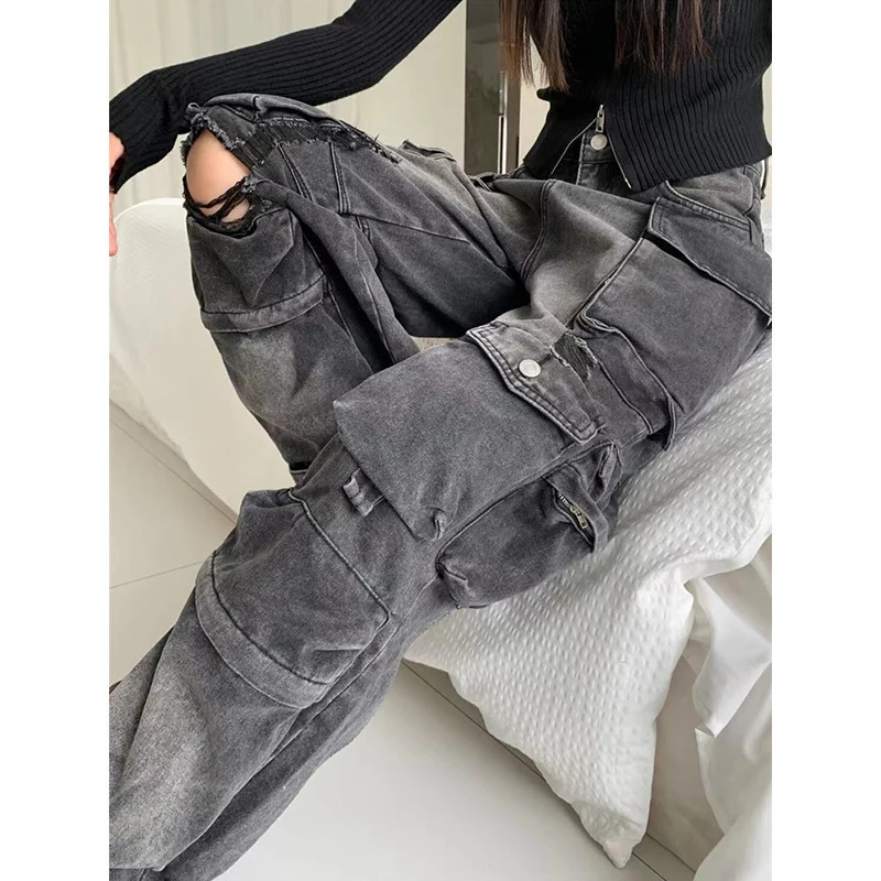 Y2K Style Black Denim Overalls: High-Waisted Wide-Leg Street Fashion Pants