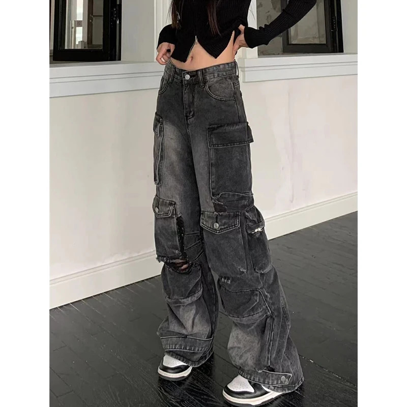 Y2K Style Black Denim Overalls: High-Waisted Wide-Leg Street Fashion Pants