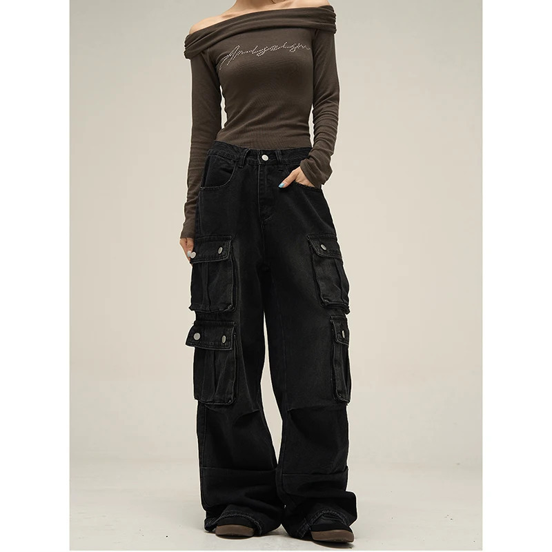 Y2K Style Black Women's High Waist Jeans: Hip Hop Streetwear Fashion Pants