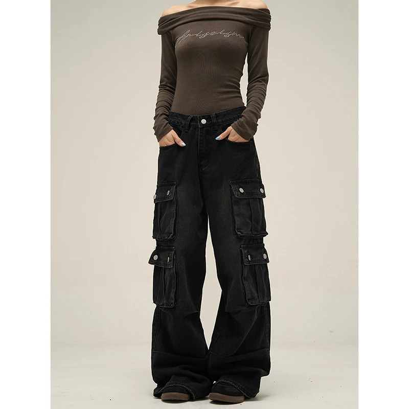 Y2K Style Black Women's High Waist Jeans: Hip Hop Streetwear Fashion Pants