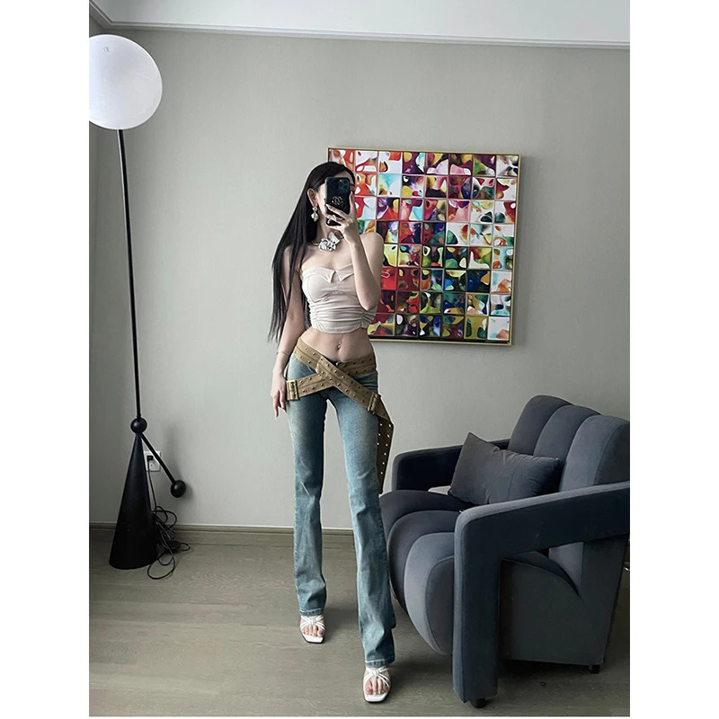 Y2K Style Blue Denim Jeans with Belt - Vintage High Waist Streetwear Fashion for Women