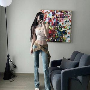 Y2K Style Blue Denim Jeans with Belt - Vintage High Waist Streetwear Fashion for Women