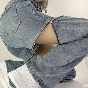 Y2K Style Blue Jeans: High Waist Hollow Wide Leg Pants - Retro Hip-hop Fashion