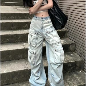 Y2K Style Blue Jeans: High Waist Streetwear Wide Leg Pants