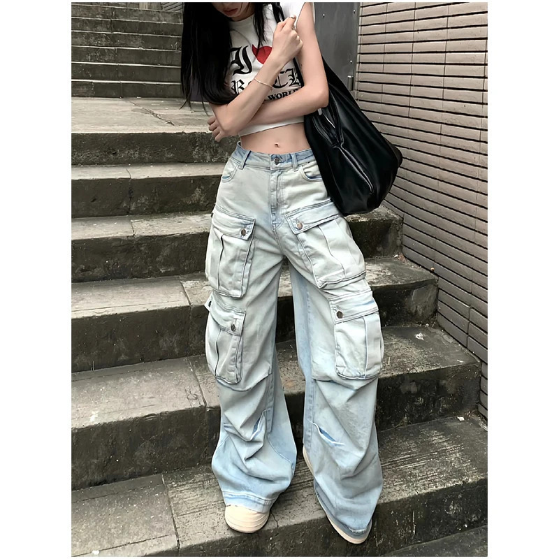 Y2K Style Blue Jeans: High Waist Streetwear Wide Leg Pants