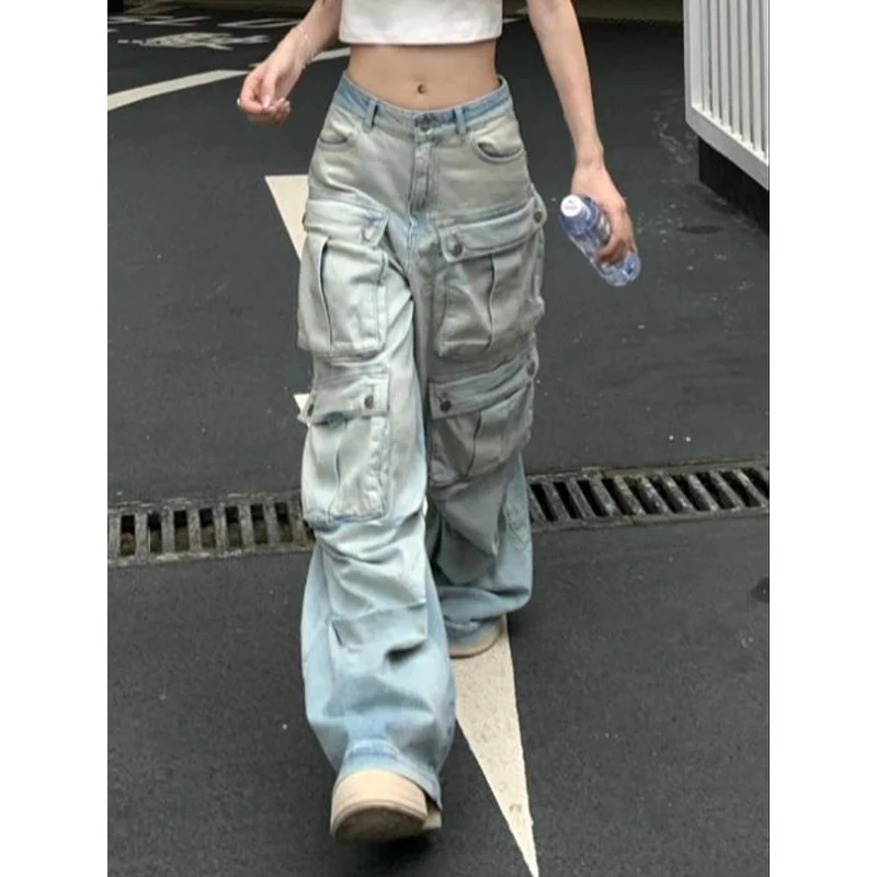 Y2K Style Blue Jeans: High Waist Streetwear Wide Leg Pants